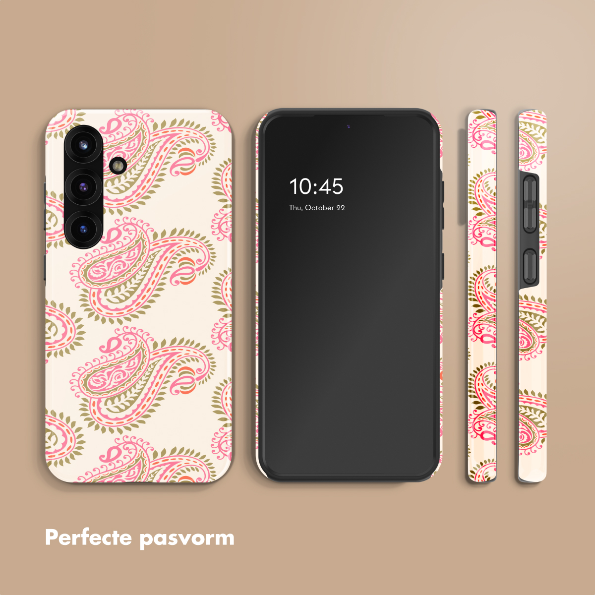Een smartphone met een crème hoesje met roze en groen paisley patroon.