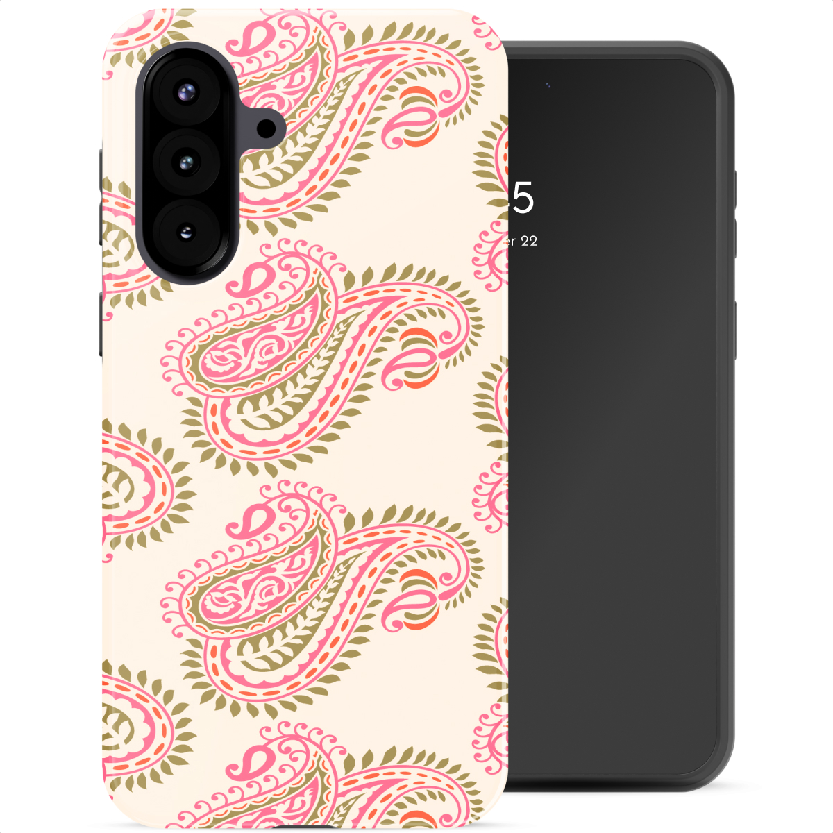 Telefoonhoesje met roze en groen paisley patroon op crème achtergrond.