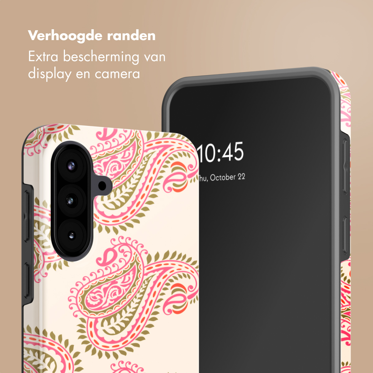 Telefoonhoesje met paisley-patroon naast een smartphone.