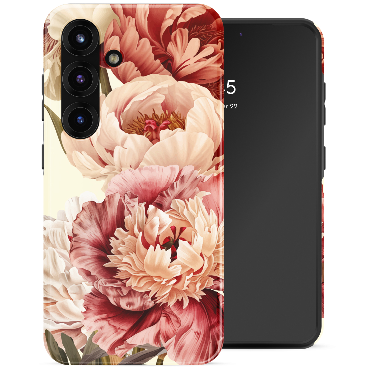 Een smartphone met hoes met rode en crèmekleurige pioenrozen. Close-up.