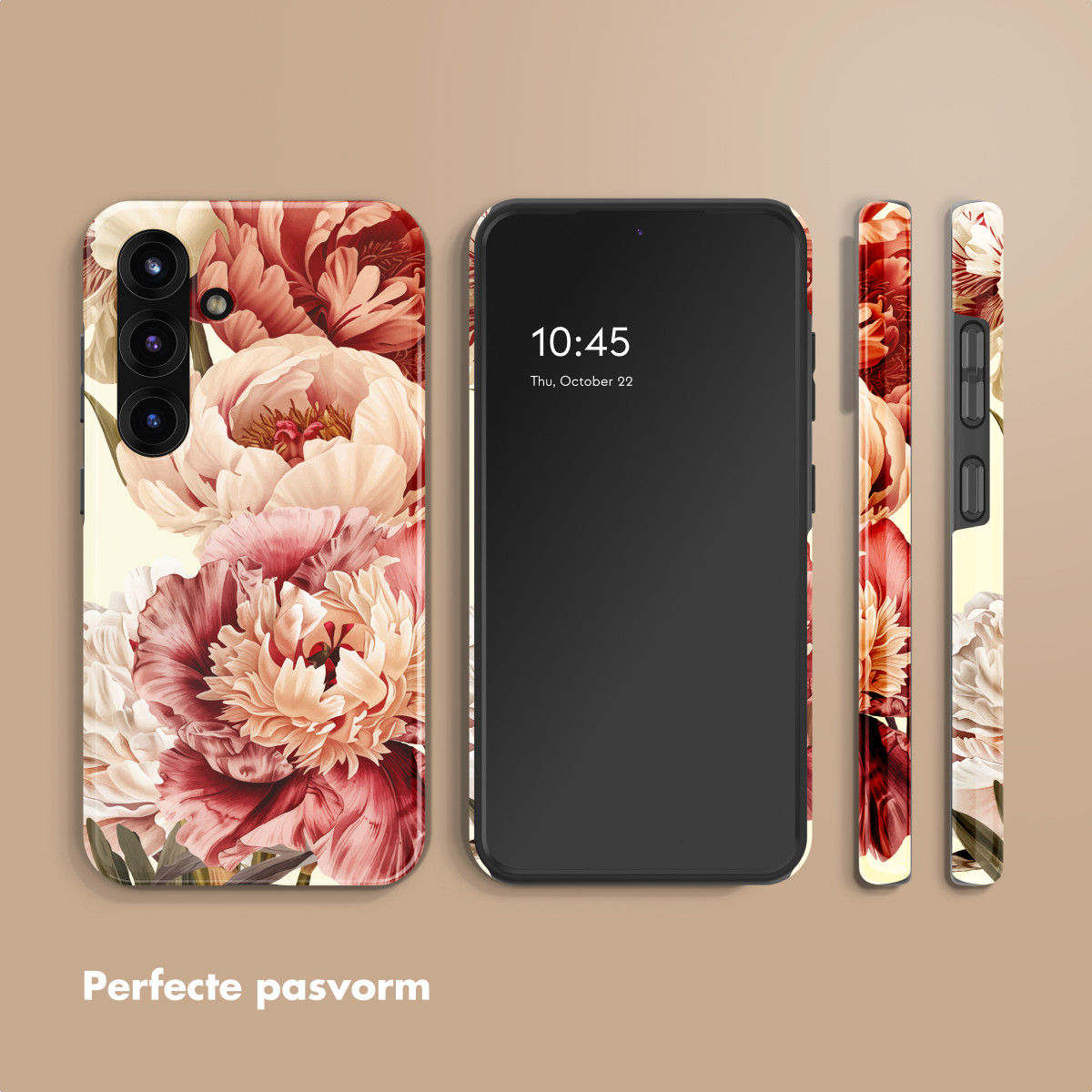 Een telefoon met bloemenhoes en drie hoesjes-aanzichten.