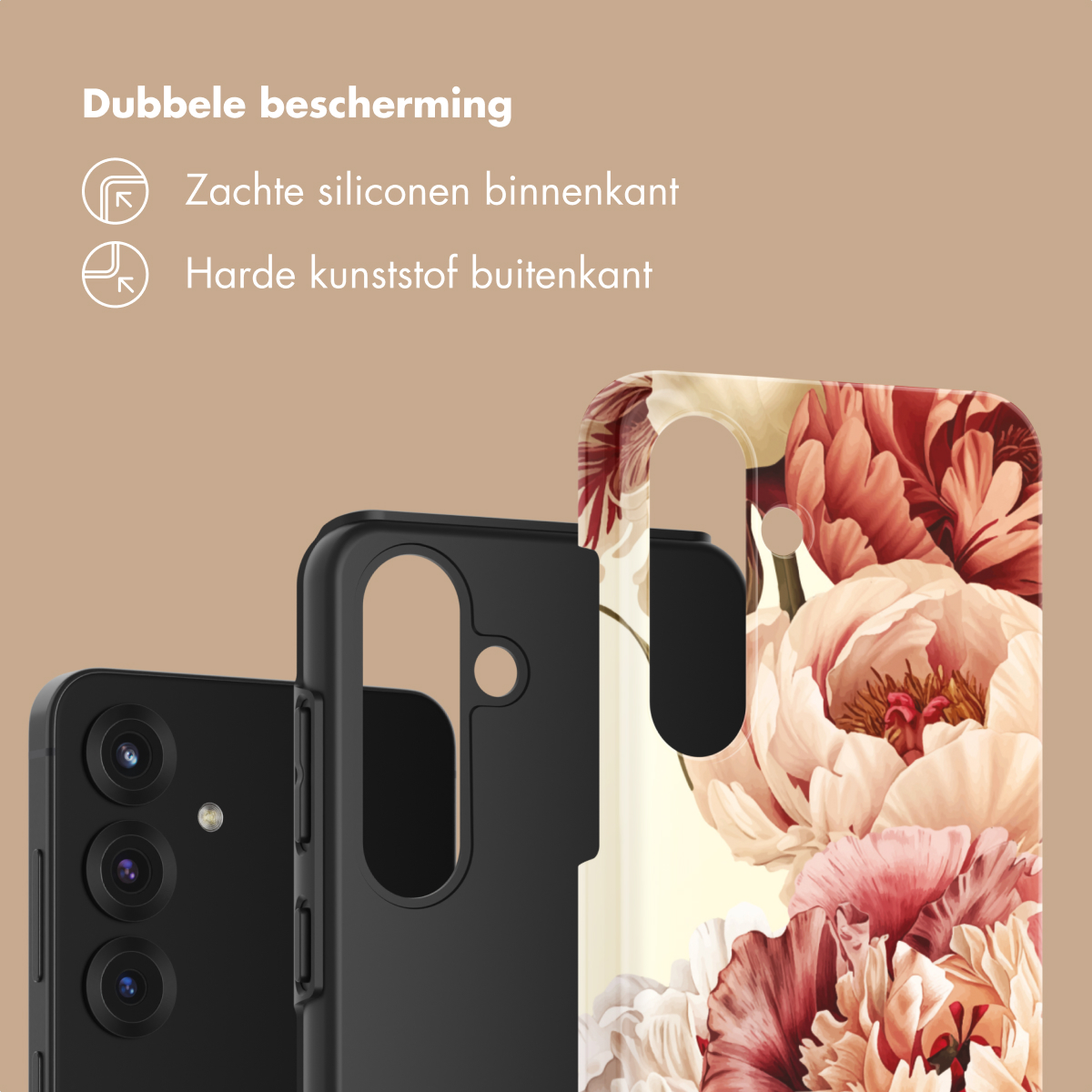 Custodia nera per telefono con motivo floreale. Doppia protezione: silicone morbido interno, plastica dura esterno.