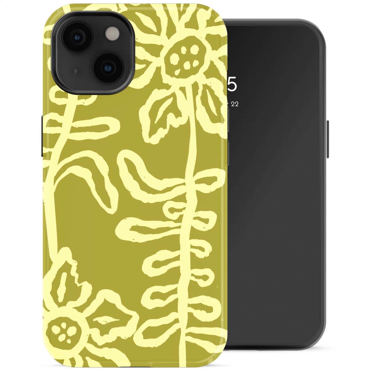 Una cover verde oliva con motivo floreale giallo accanto a uno smartphone nero.