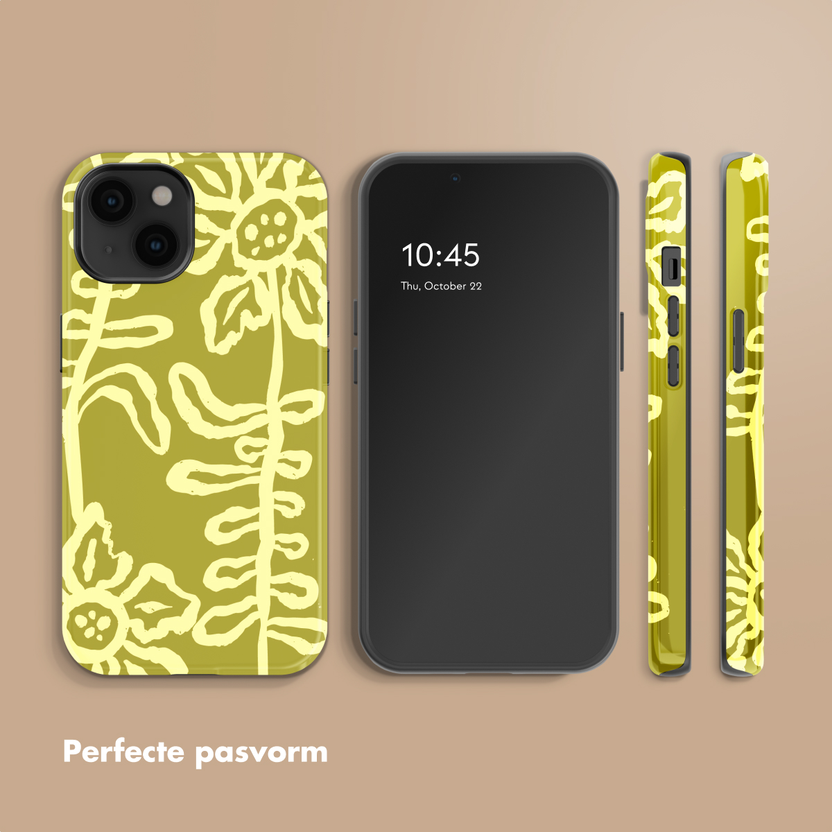 Un telefono con custodia verde a fantasia floreale gialla.