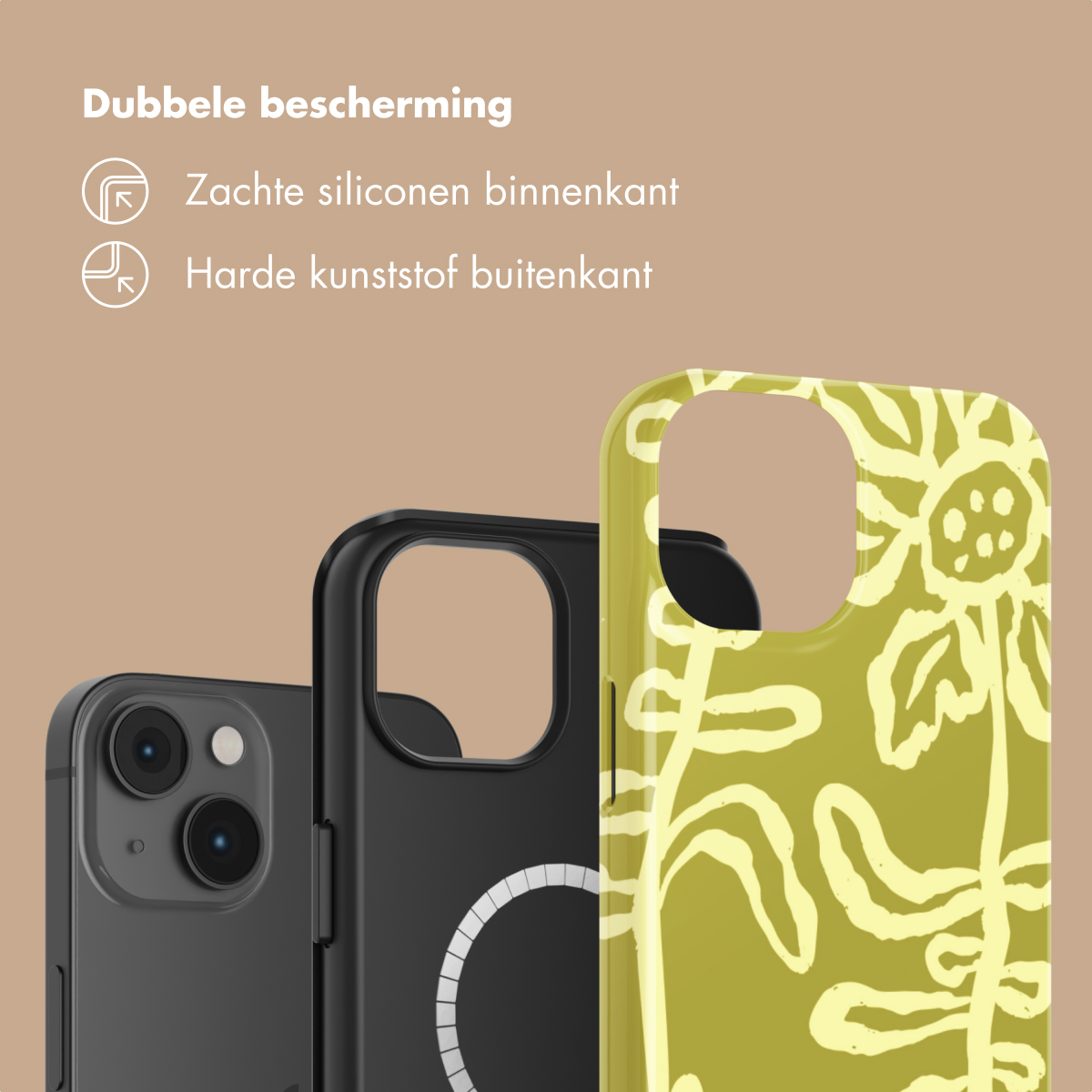 Tre custodie per telefono: nere con fotocamere, nere con anello, gialle floreali.