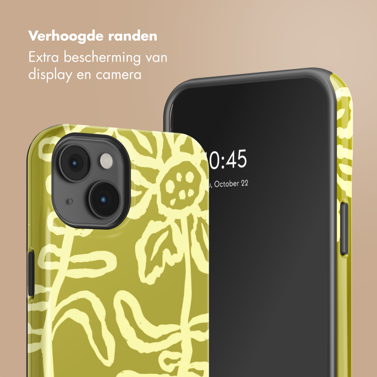 Una custodia gialla per telefono con motivo a girasole e uno smartphone nero.