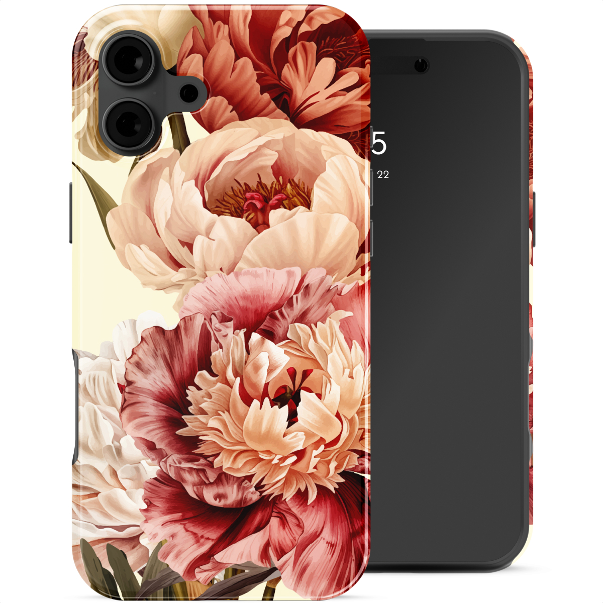 Une coque de téléphone avec un motif floral de pivoines sur fond clair.