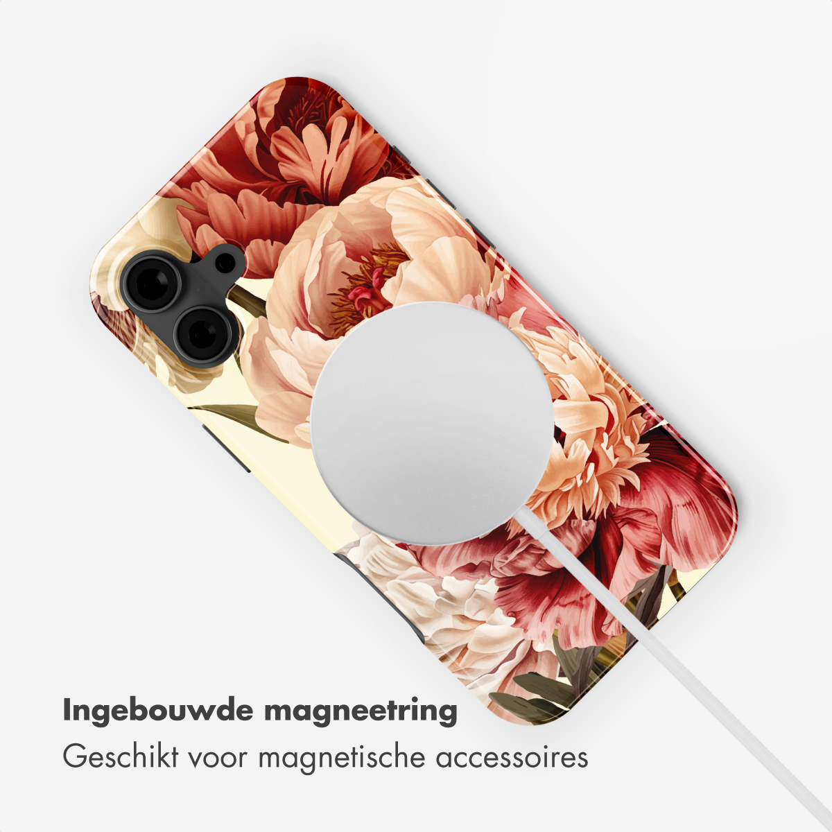 Een telefoonhoes met bloemenpatroon, met MagSafe-ring en kabel.