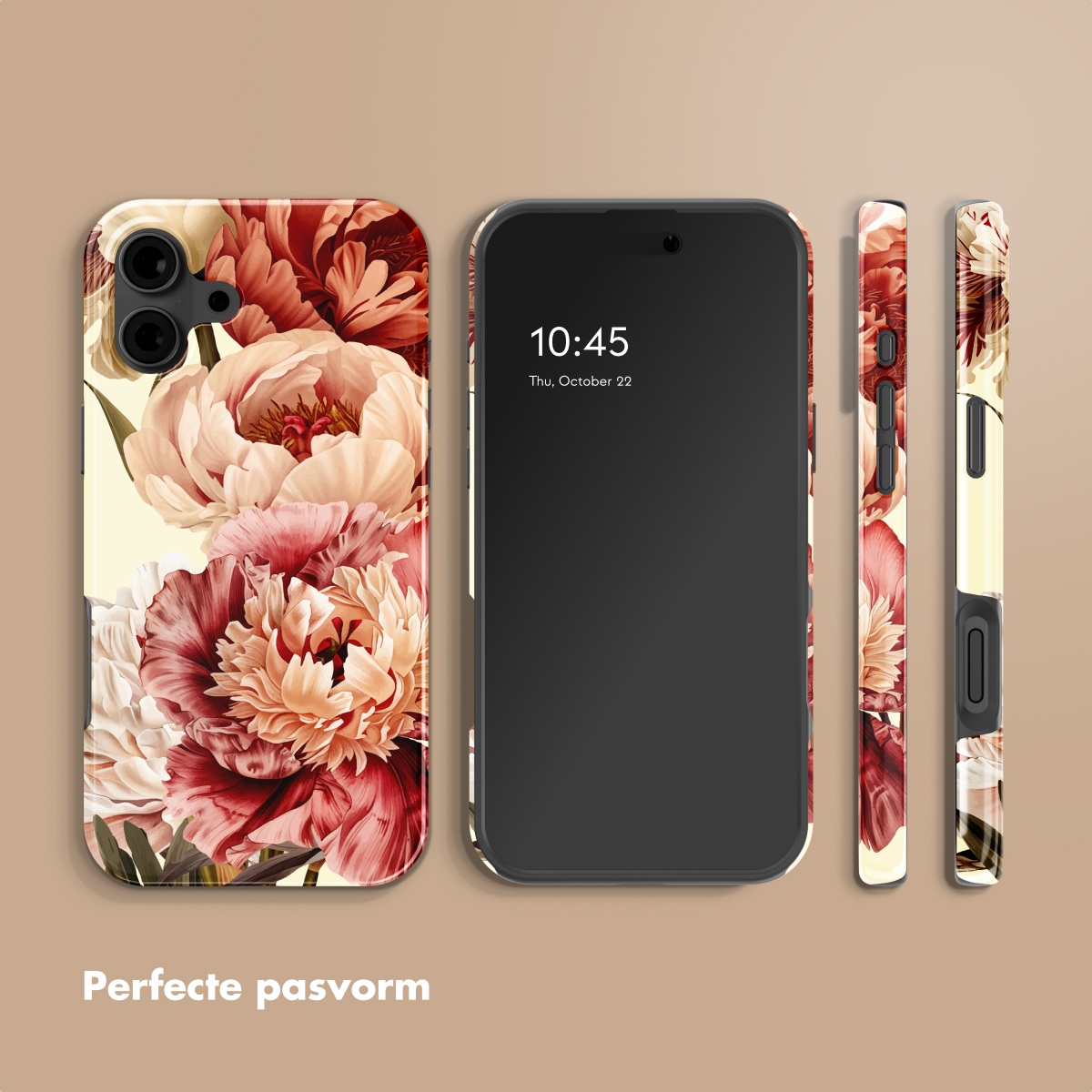 Un smartphone avec une coque à motif floral, vu sous trois angles.