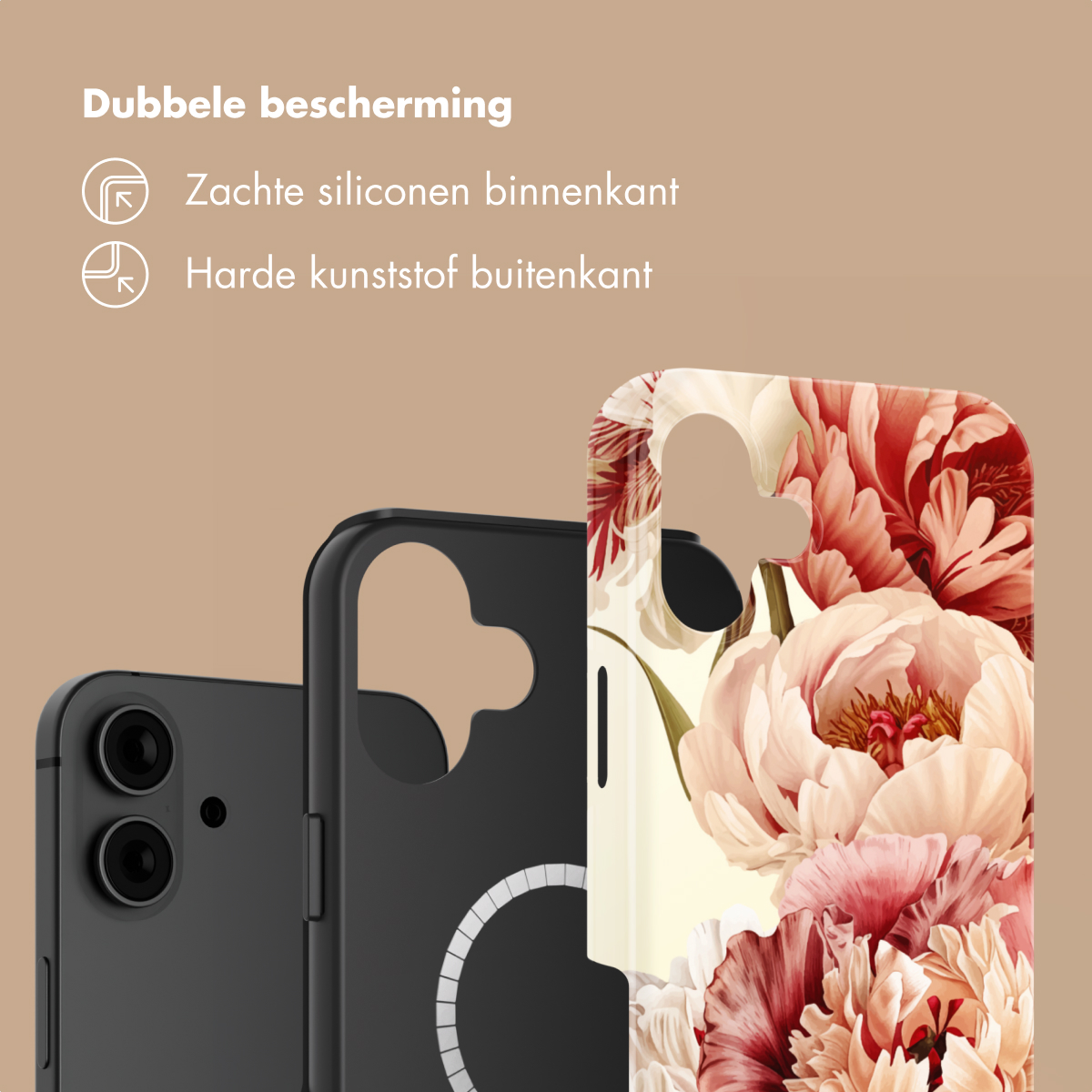 Twee telefoonhoesjes: één zwart, één met bloemenprint. Dubbele bescherming: zacht siliconen binnenkant, harde kunststof buitenkant.