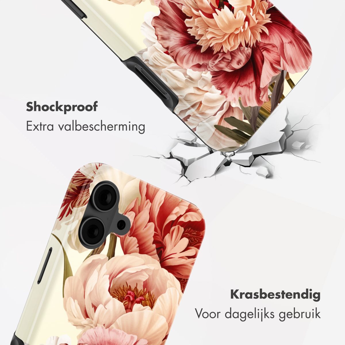 Deux coques de téléphone à imprimé floral, l'une tombant et brisant le sol.
