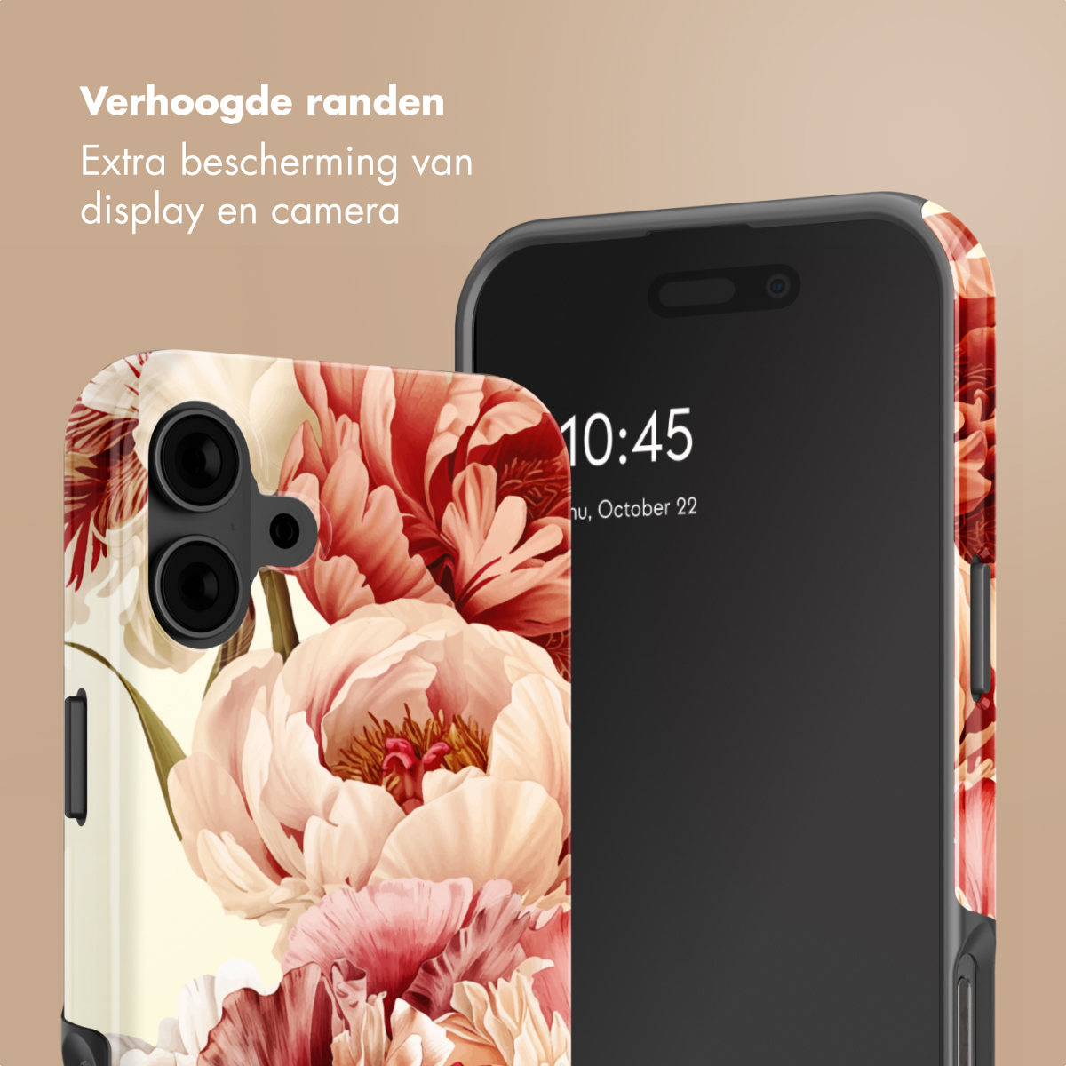 Coque de téléphone à motif floral à côté d'un smartphone à écran sombre.