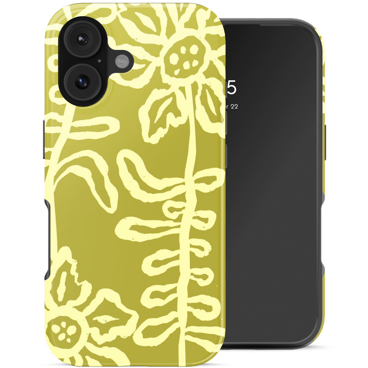 Una custodia gialla per telefono con motivo floreale giallo accanto a uno smartphone.