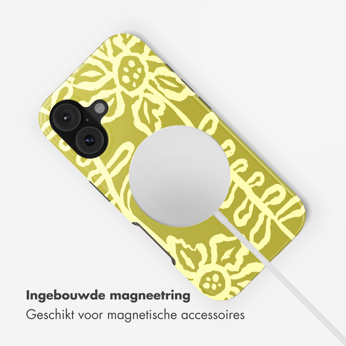 Custodia gialla per telefono con motivo floreale e cerchio MagSafe.