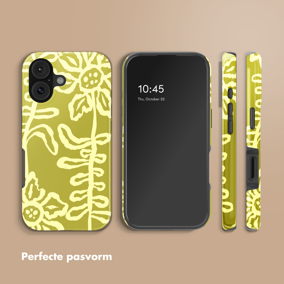 Un telefono con custodia a fantasia floreale gialla su sfondo verde oliva.