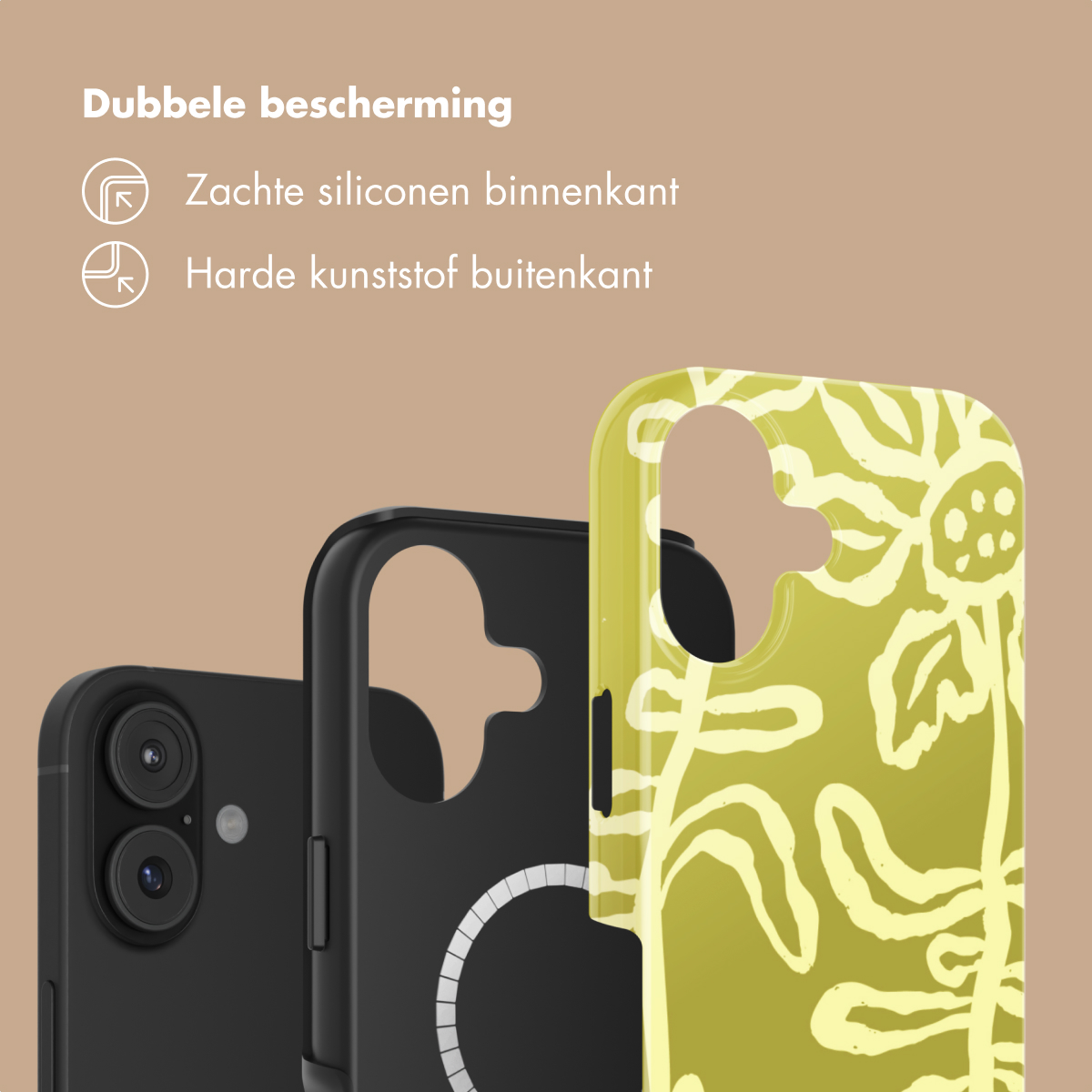Tre cover per telefono: una nera, una nera con anello, una gialla con motivo floreale.