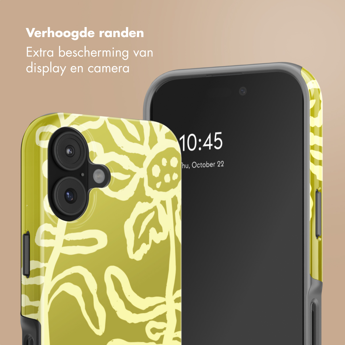 Una custodia per telefono floreale gialla è accanto a uno smartphone.