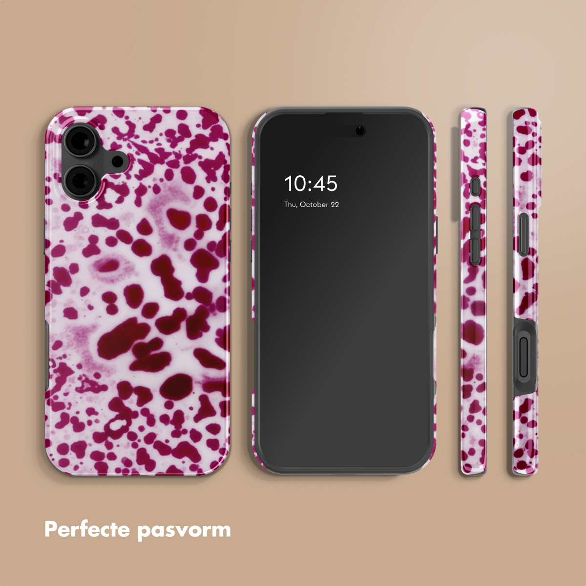 Une coque de téléphone avec des taches rouge foncé sur fond blanc.