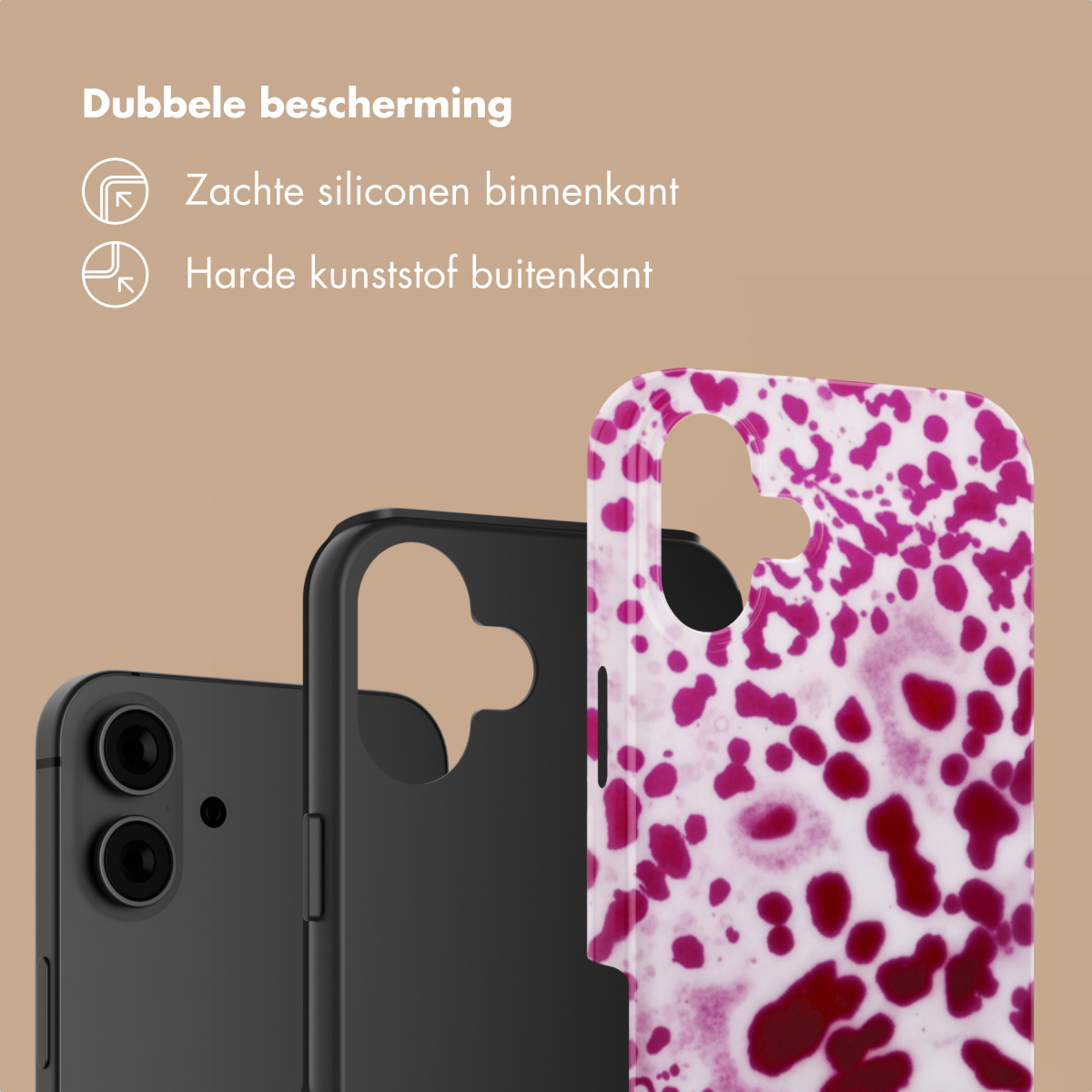 Trois coques de téléphone : une noire avec deux caméras, une noire unie et une à motif éclaboussures roses.