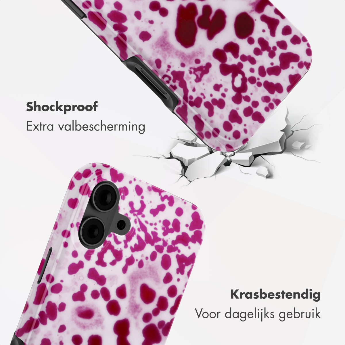 Une coque de téléphone à motif éclaboussé violette traverse le sol.