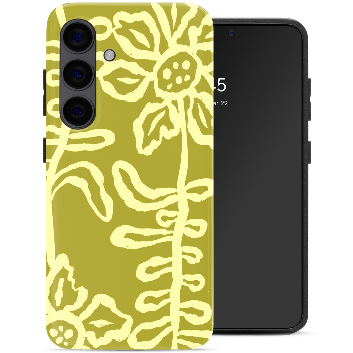 Une coque de téléphone vert olive à motif floral jaune à côté d'un smartphone noir.