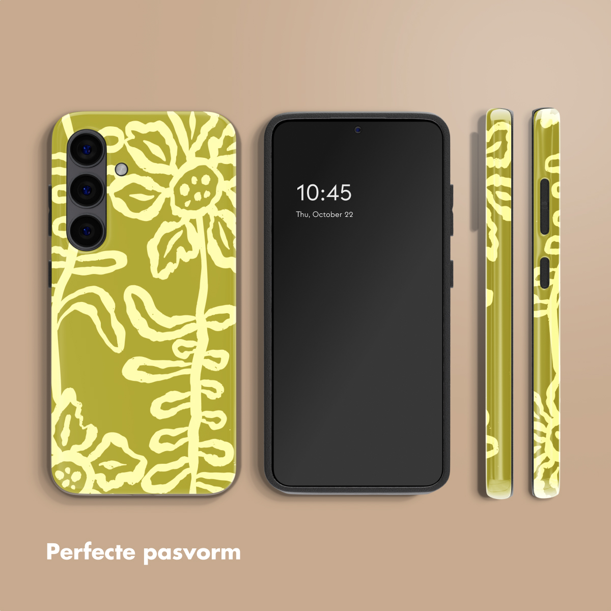 Une coque de smartphone à motif floral jaune à côté d'un smartphone.
