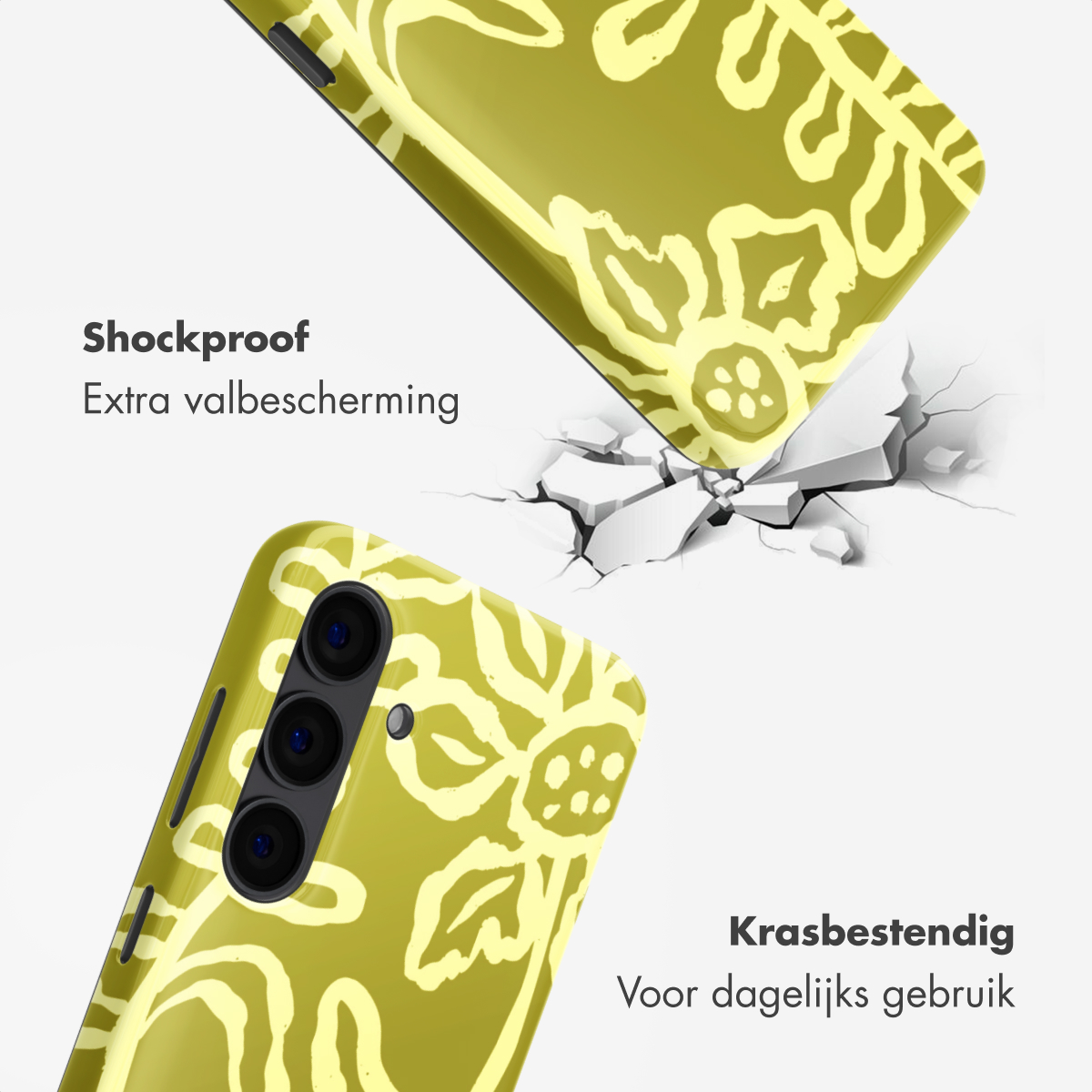 Coque de téléphone jaune à motif floral sur sol fissuré avec texte antichoc.
