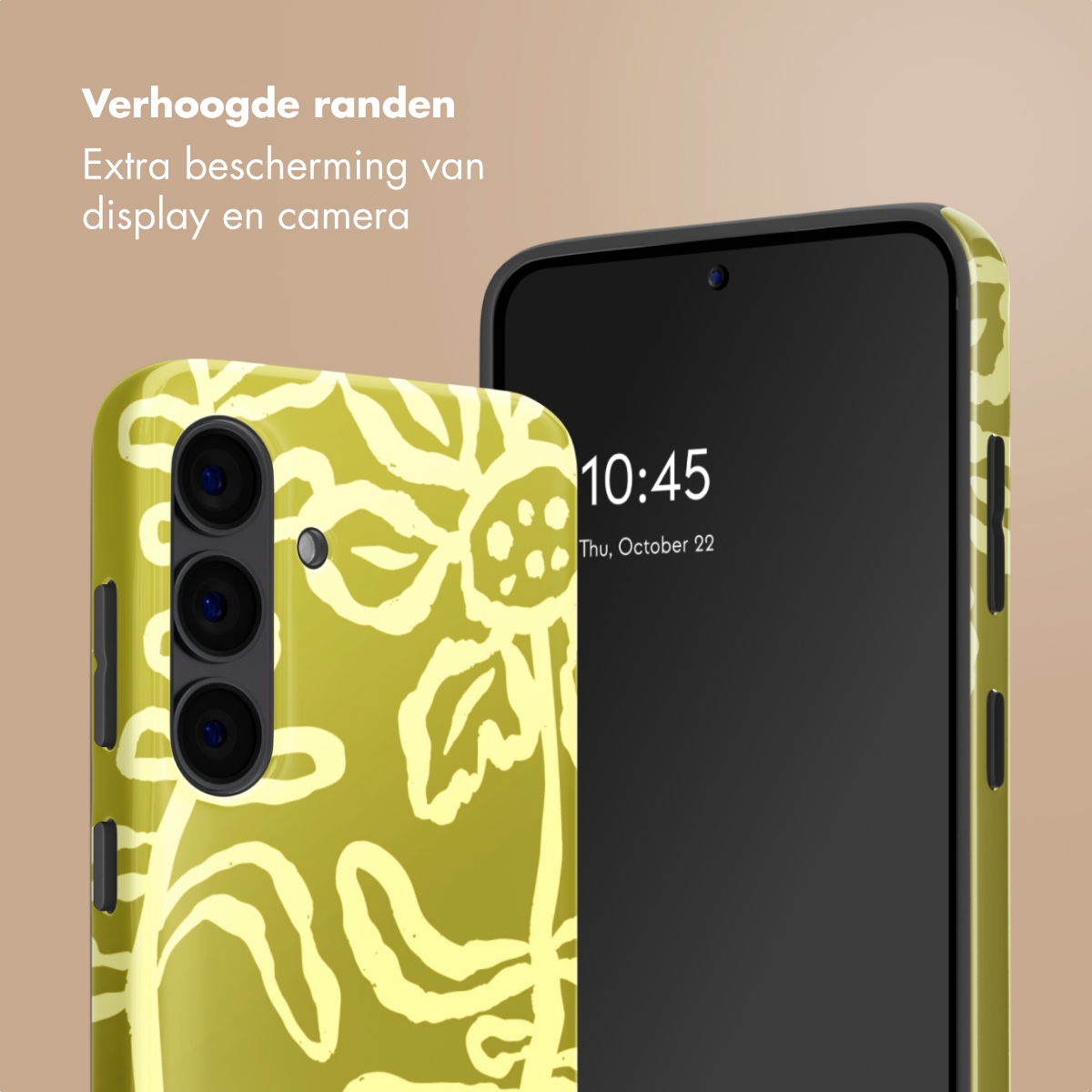 Un téléphone vert clair à motif floral à côté d'un smartphone noir.
