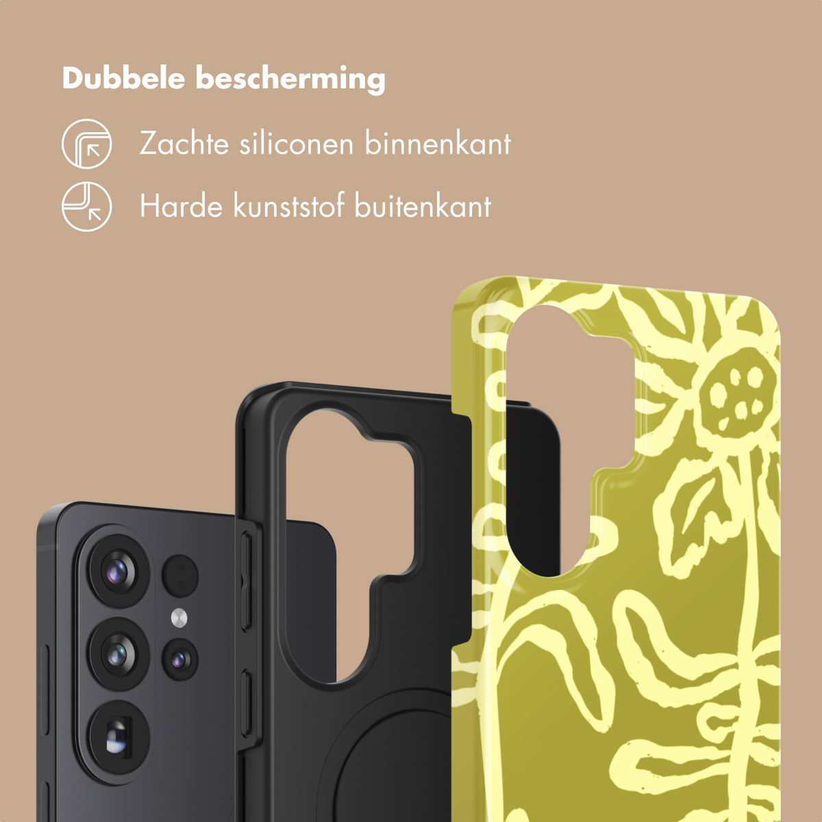Coque de téléphone avec intérieur en silicone souple et extérieur en plastique.