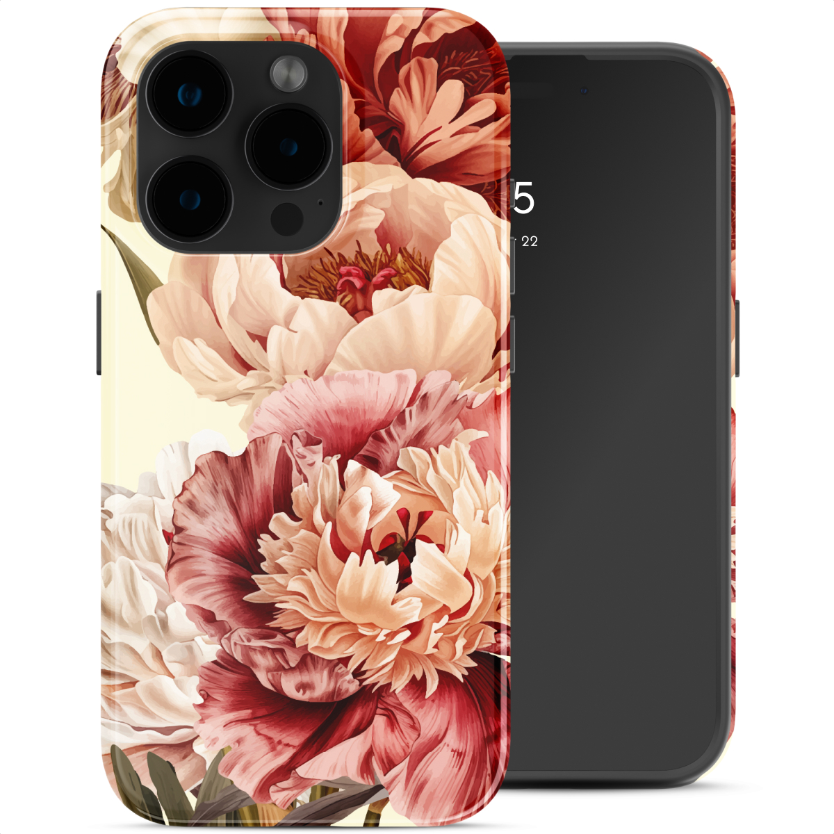 Uno smartphone con custodia a fiori, accanto a uno schermo scuro.