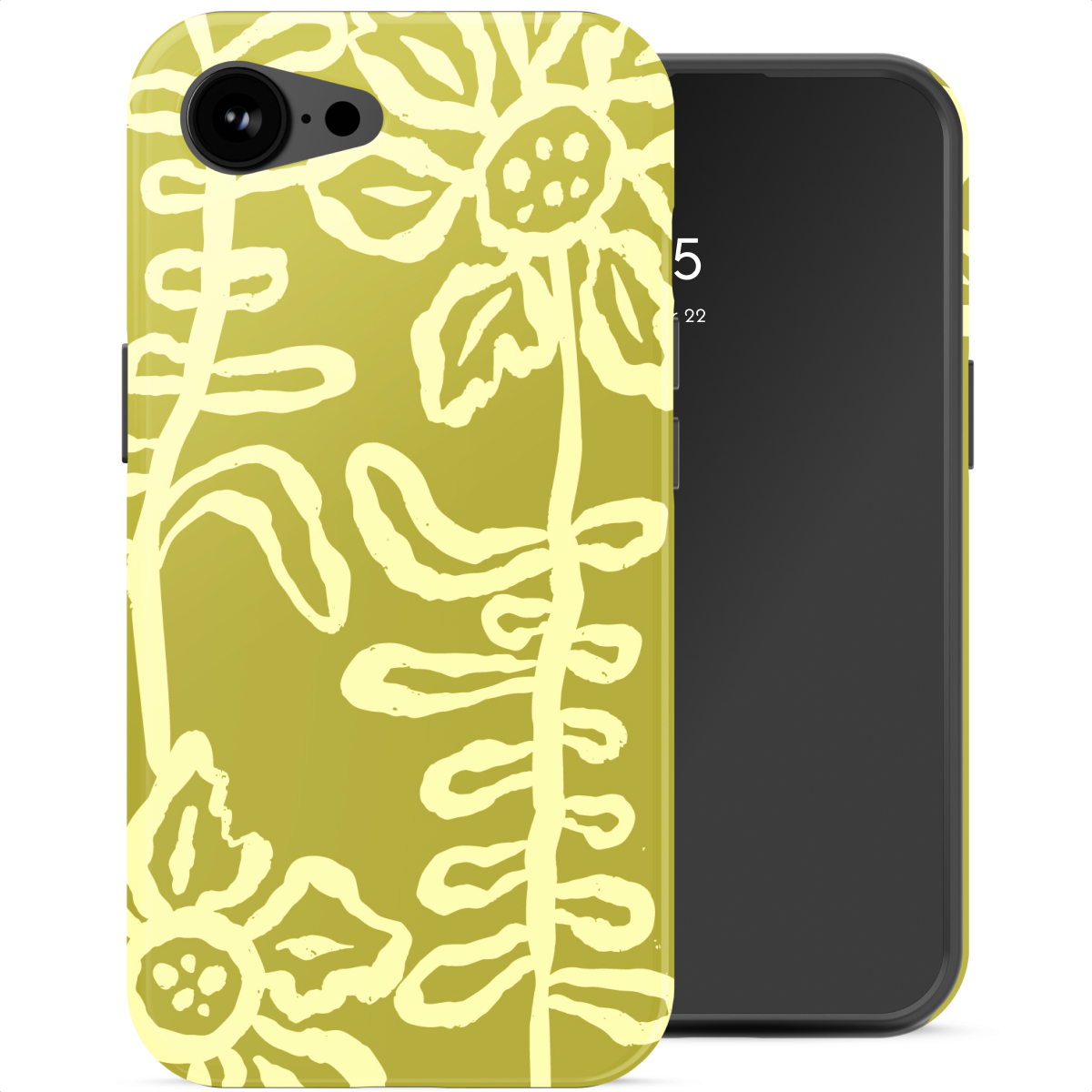 Une coque de téléphone jaune avec des motifs floraux et de feuilles jaunes.