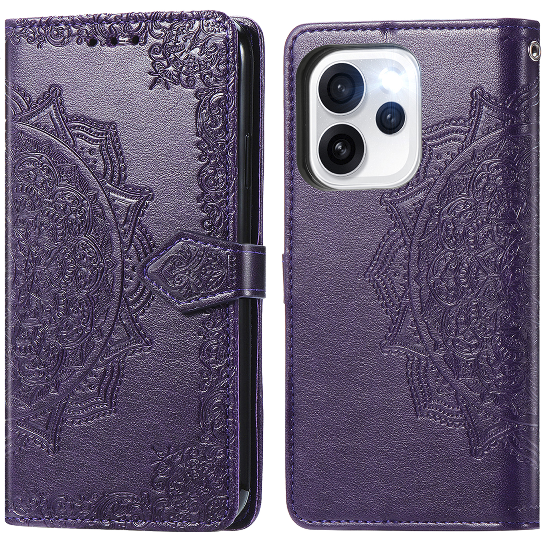 Purple embossed mandala phone case, shown open and closed.