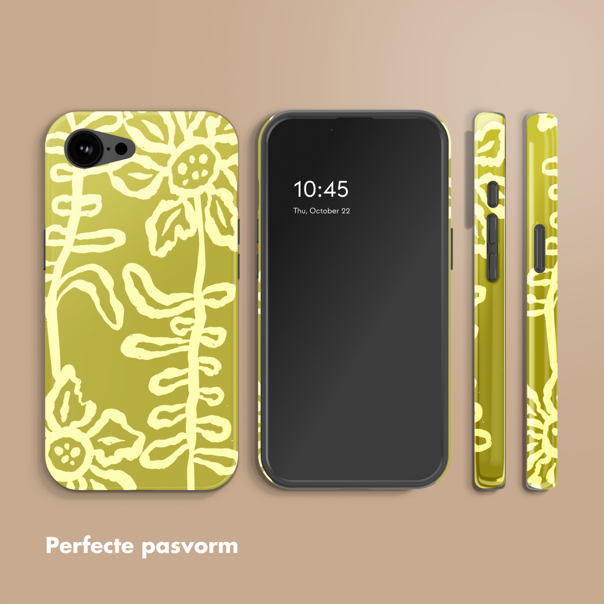 Une coque de téléphone jaune à motif floral, à côté d'un smartphone.