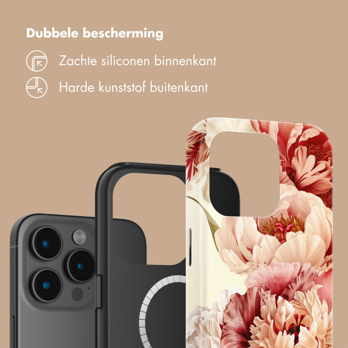 Custodia telefono con motivo floreale e protezione silicone/plastica.