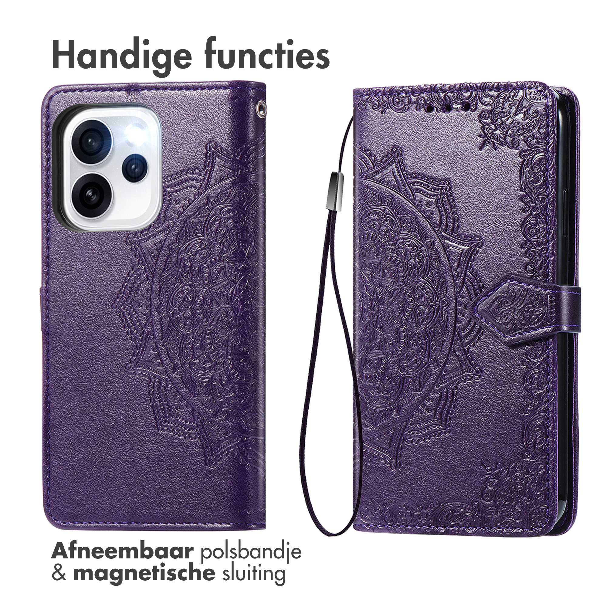 Purple phone case with embossed mandala design and detachable wrist strap.