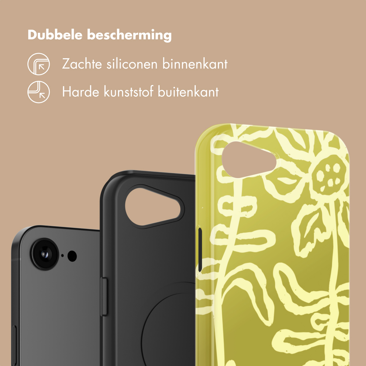 Trois coques de téléphone : une noire, une noire avec découpe, une jaune à motif floral.