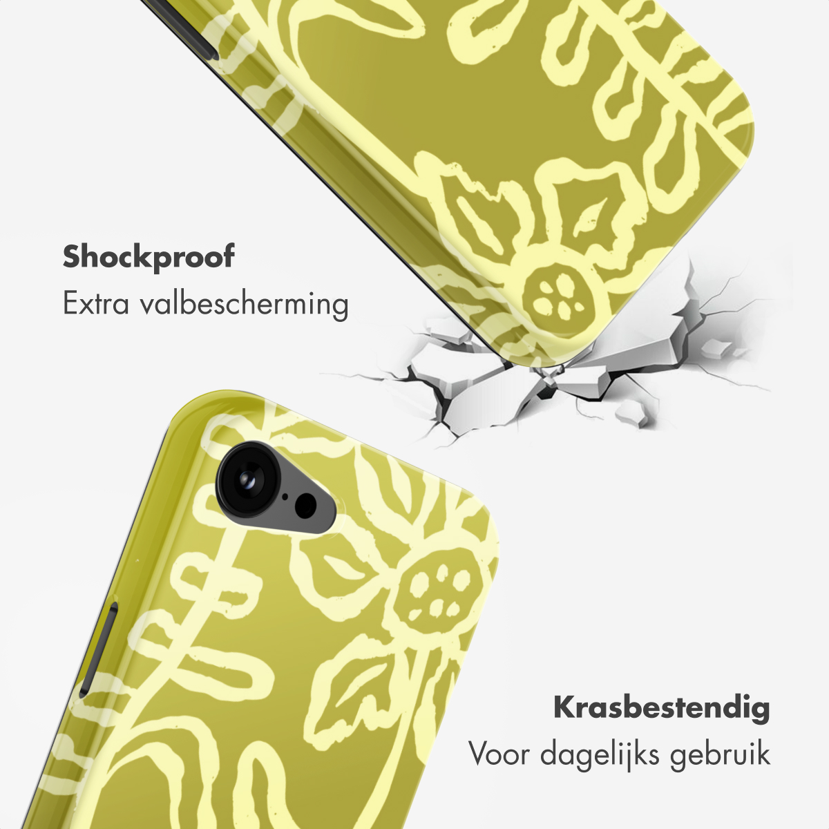 Coque de téléphone jaune à motif floral, protégée contre la casse.
