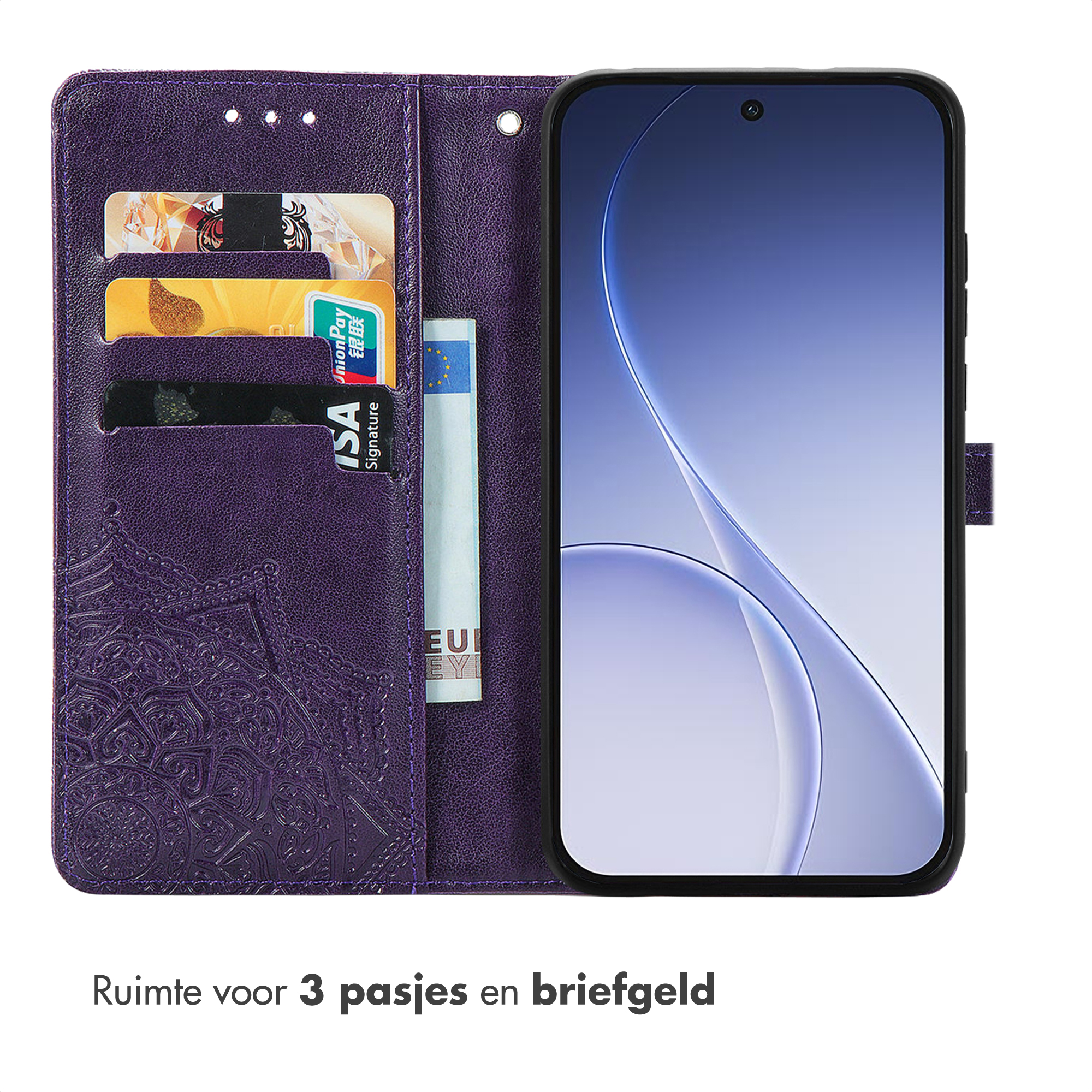 Purple wallet phone case with card slots and a money pocket. Holds cards and cash.