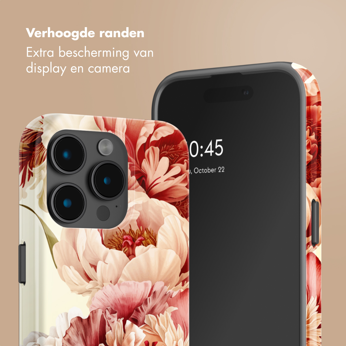 Un telefono con cover floreale con bordi rialzati per protezione.