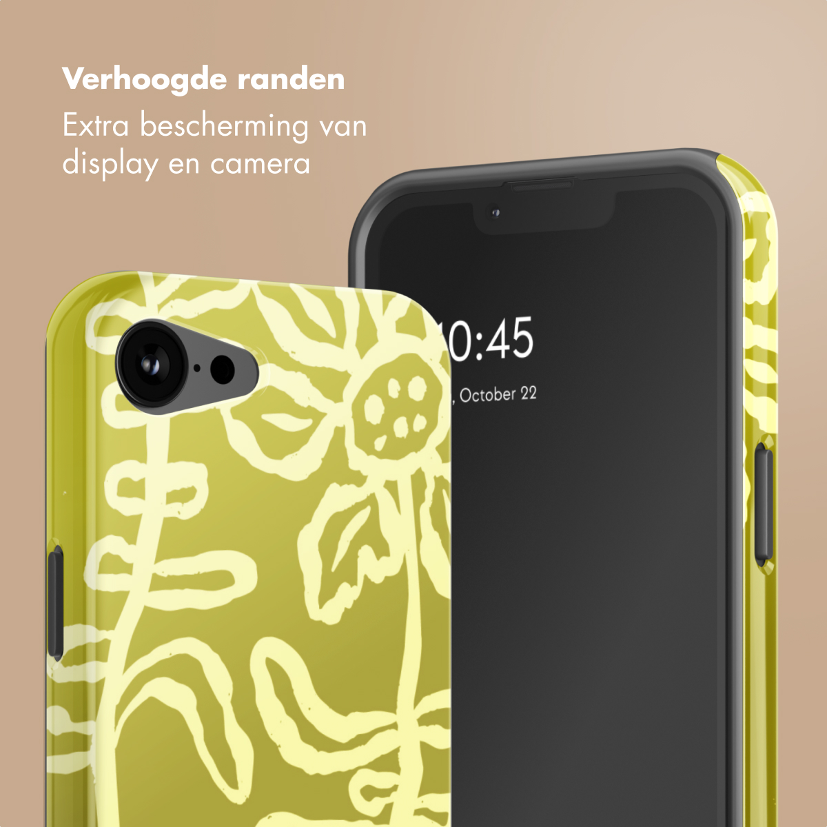 Une coque de téléphone jaune à motif floral à côté d'un smartphone.