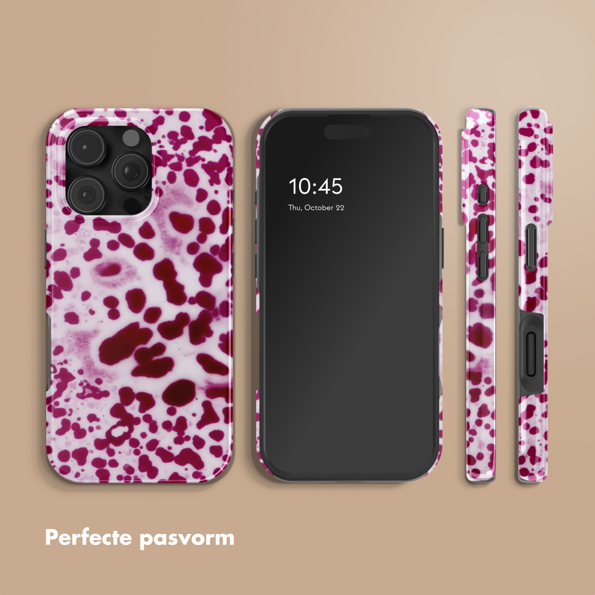 Een telefoonhoesje met een rood en wit vlekkenpatroon.