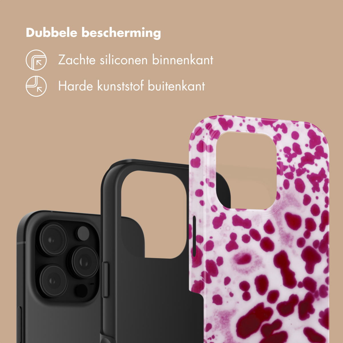 Twee telefoonhoesjes: één zwart, één met roze vlekkenpatroon.