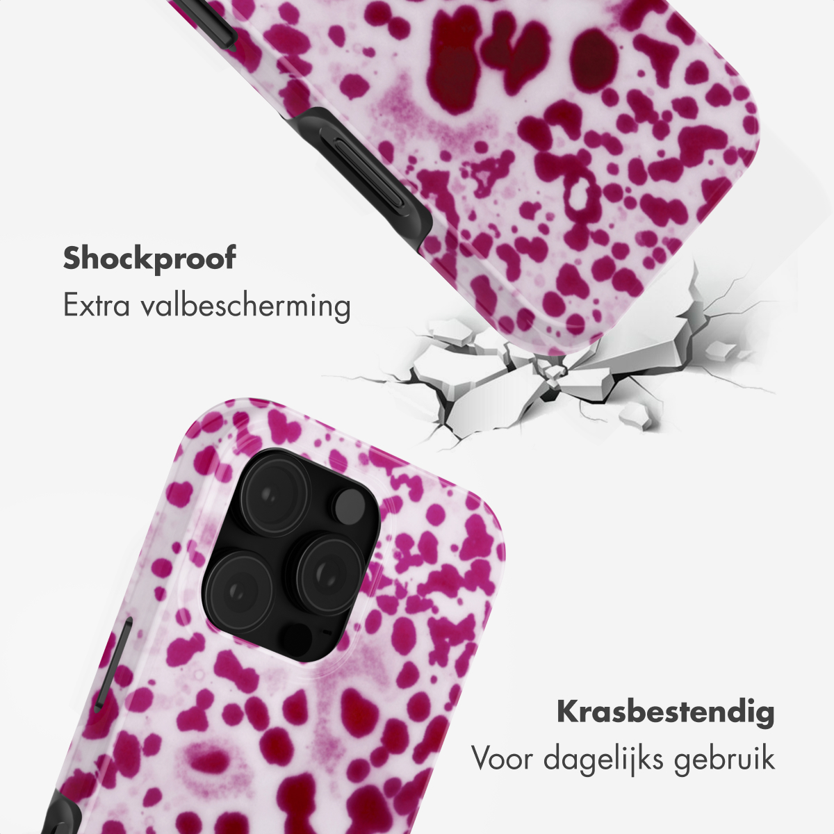 Paarse vlekken op een witte hoes, die schokbestendige en krasbestendige kenmerken tonen.