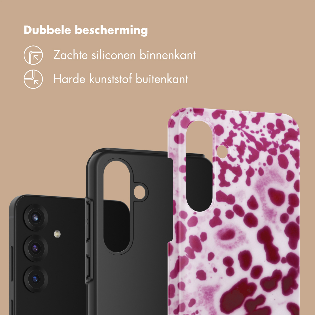 Tre custodie per telefono: una nera con fotocamere, una nera e una bianca con macchie viola.