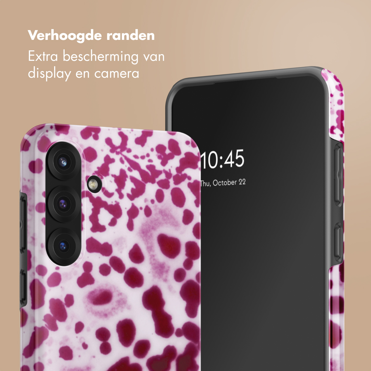 Custodia per telefono con motivo a macchie rosa e telefono che mostra le 10:45.