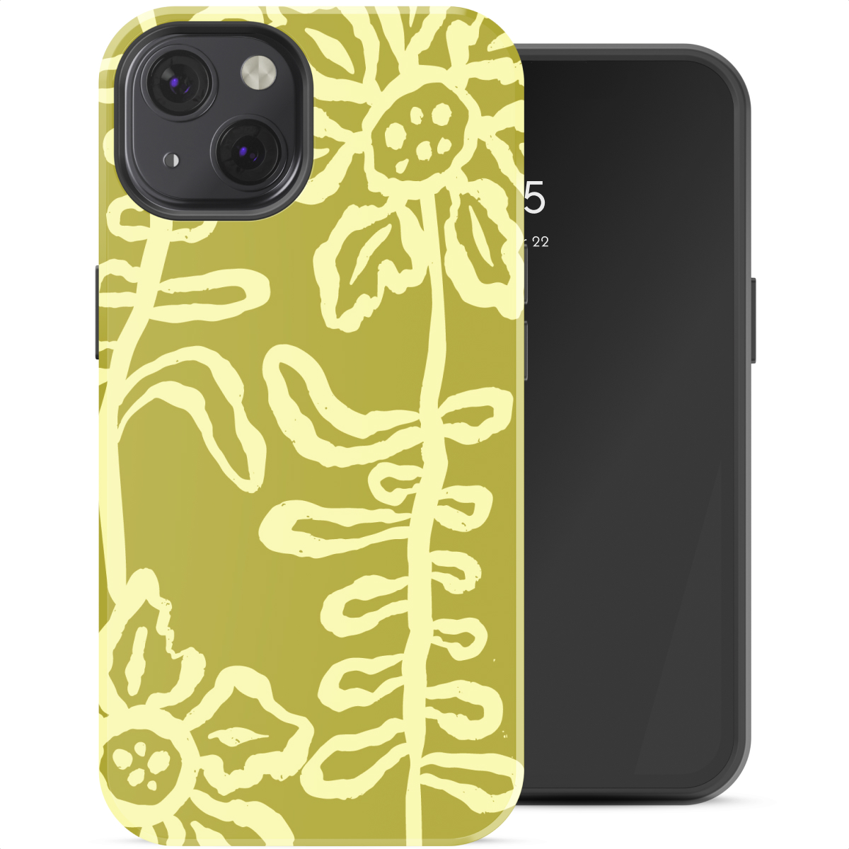 Una cover per telefono verde oliva con motivo floreale giallo accanto a uno smartphone nero.