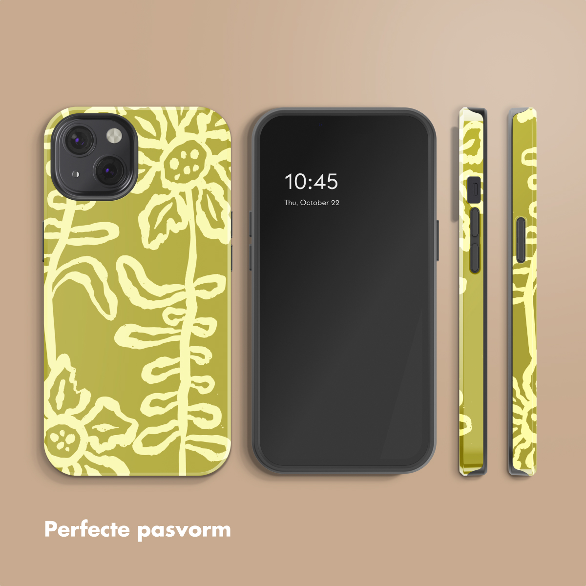 Un iPhone con custodia a fantasia floreale giallo-verde e schermo scuro.