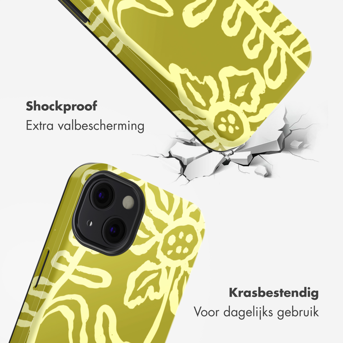 Custodia gialla per telefono con motivo floreale, protegge dalle crepe a terra.