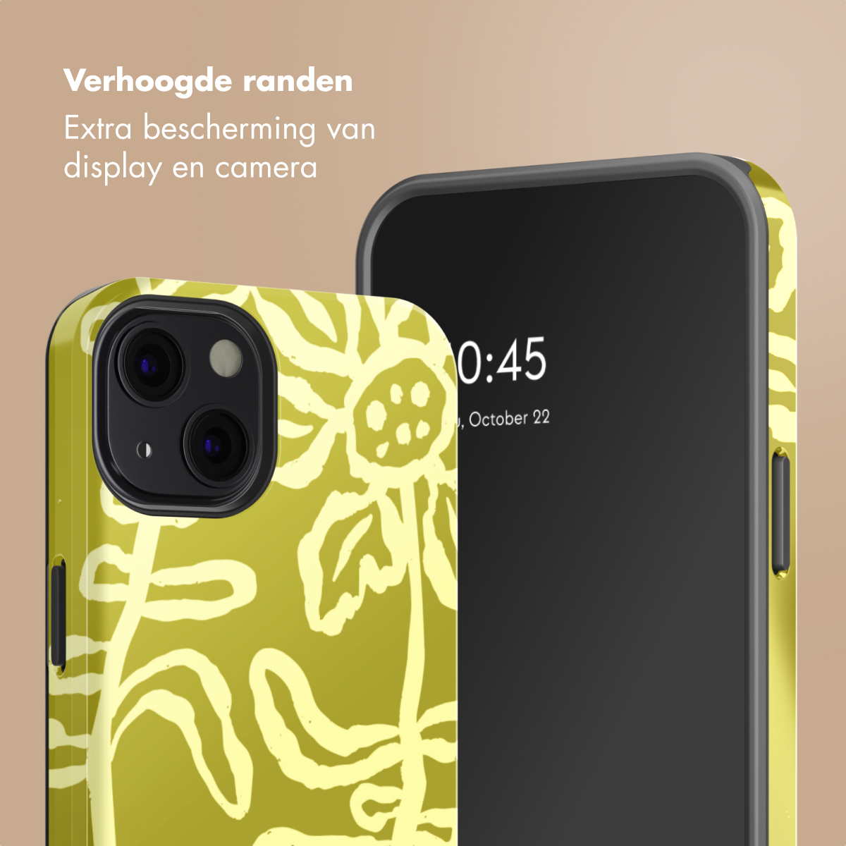 Una custodia gialla con motivo floreale accanto a uno smartphone.