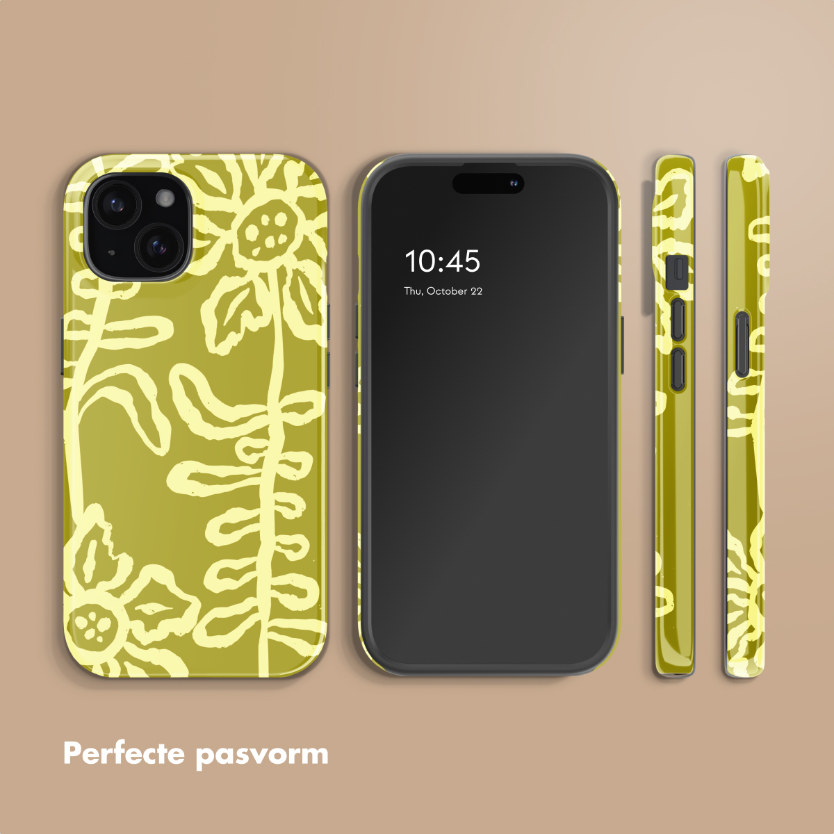 Een smartphone met een geel bloemenpatroon op een olijfgroene achtergrond.